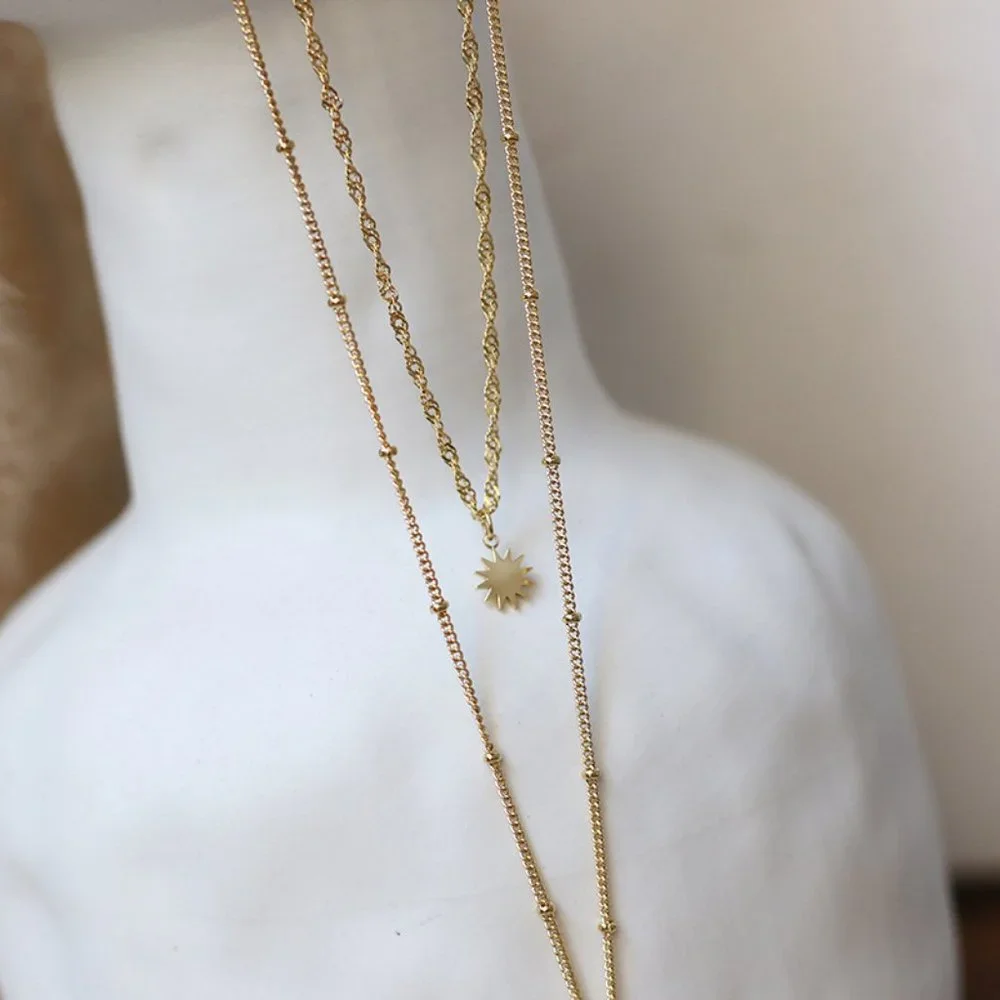 NEW 18K Gold Plated Vintage Diamond Coin Star Double Layer Necklace